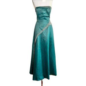 Vintage 1990s Morgan & Co Teal Green Beaded Strapless Prom Dress Corset Back M